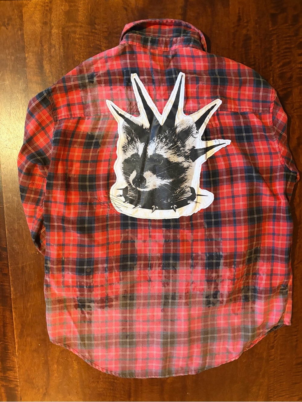 Upcycled Punk Raccoon Splatter Bleach Dyed Black & Red Plaid Flannel Women’s XS